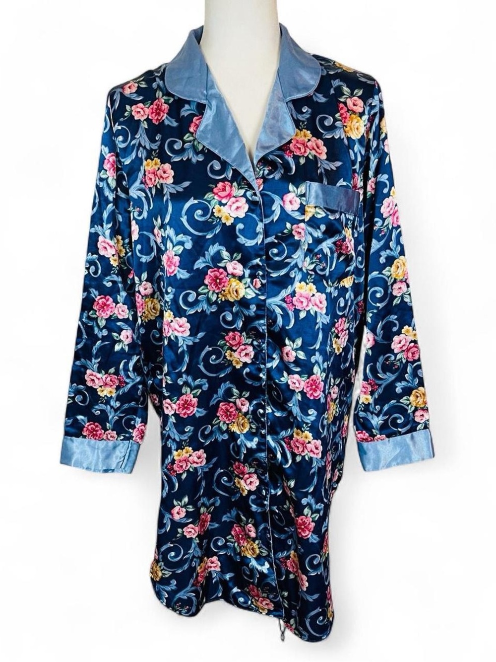 Vintage 80s 90s Kathryn Size Medium M Floral Night Gown Long Shirt Blue Pink